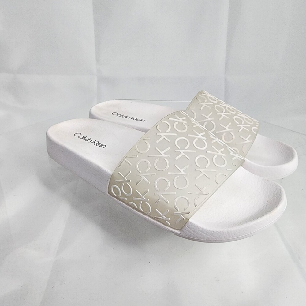 Calvin Klein Women 8 M See Through Signature White Slip On Slides/Flip Flops
